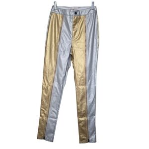 NWT Hot & Delicious Silver Gold Colorblock Front Zip Faux Leather Pants S